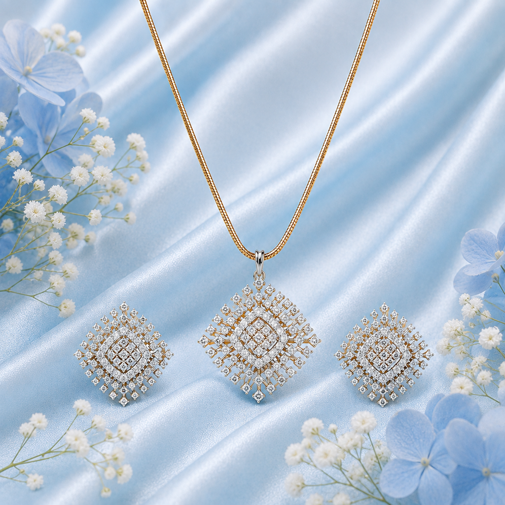 Square Diamond-Style Pendant Necklace Set – PD0093