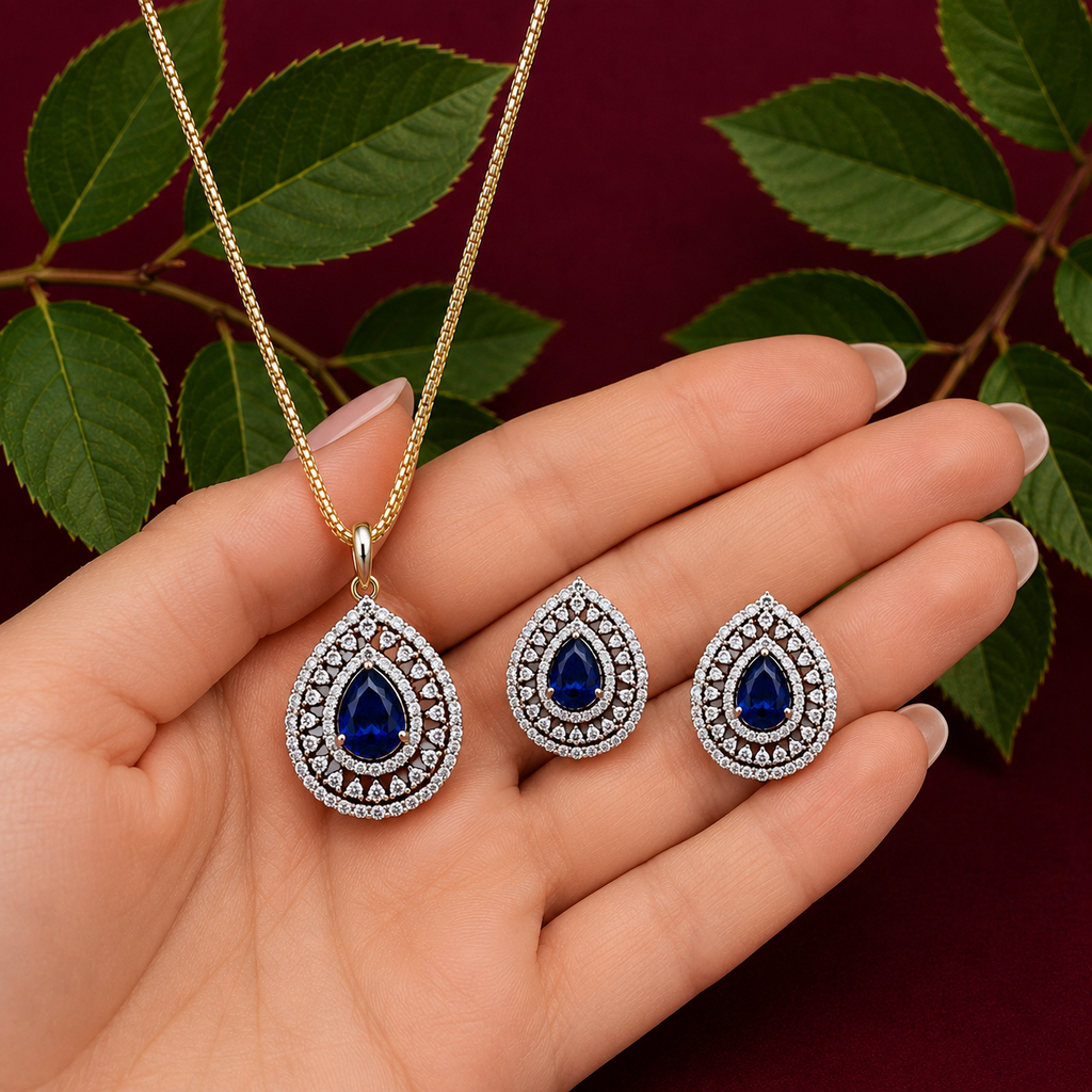 Blue Teardrop Pendant Necklace Set – PD0095