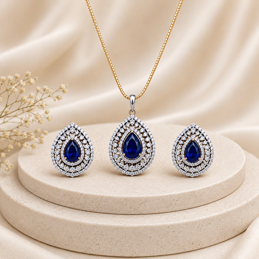 Blue Teardrop Pendant Necklace Set – PD0096