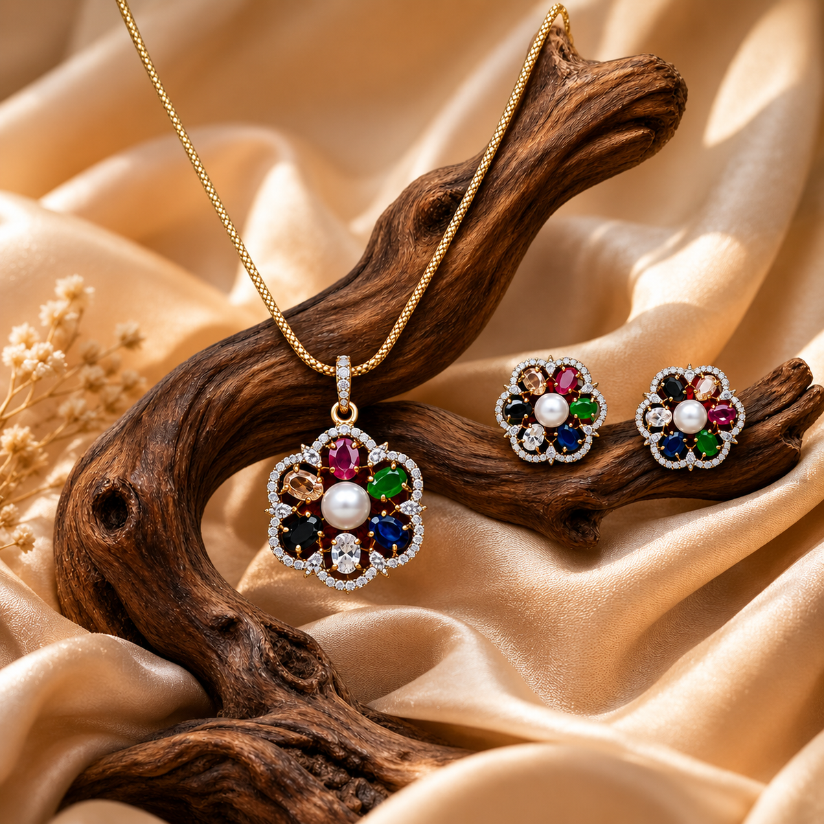 Multicolor Floral Pearl Cubic Zirconia Pendant Necklace Set – PD0039