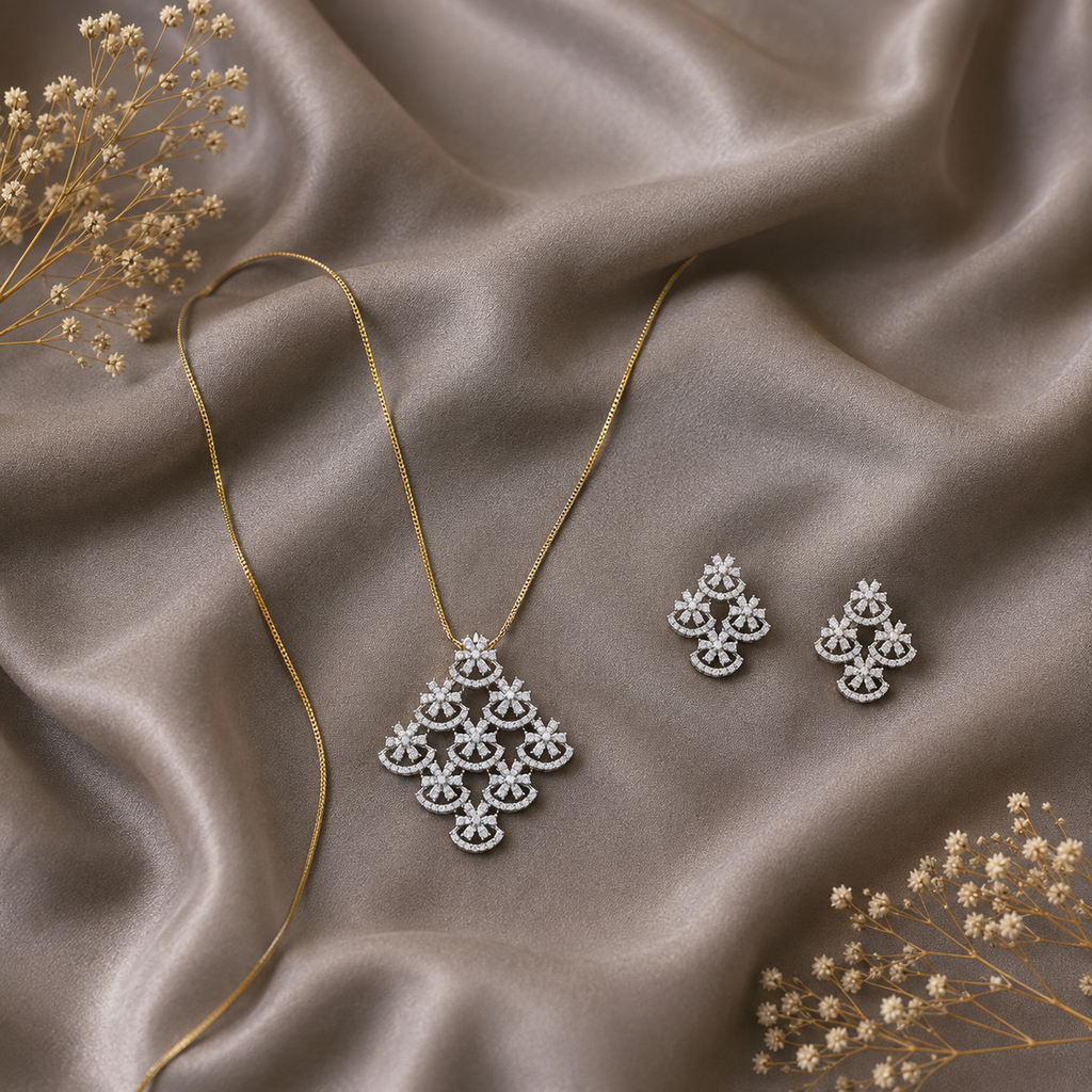 Floral Cascade CZ Pendant Necklace Set – PD0024