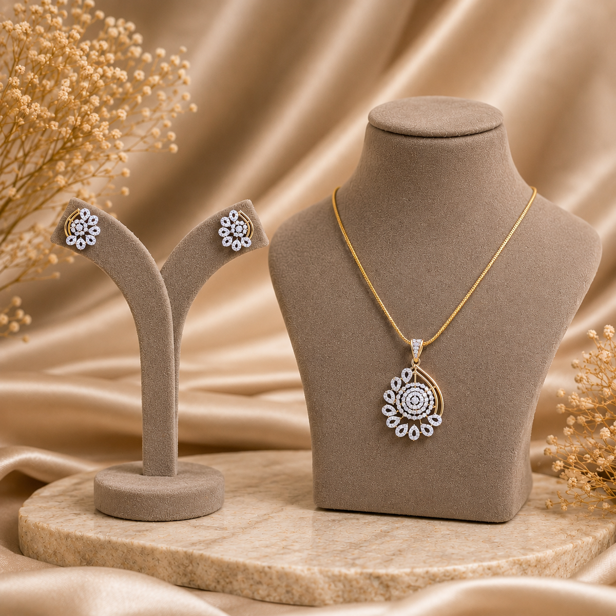 Elegant Floral CZ Pendant Necklace Set – PD0050