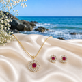 Elegant Ruby CZ Floral Pendant Necklace Set – PD0051