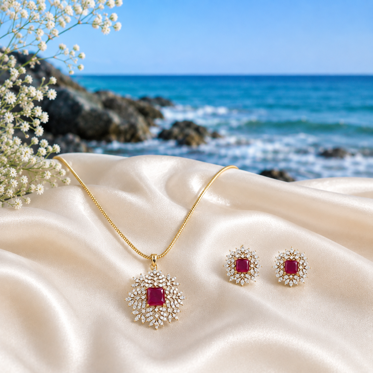 Elegant Ruby CZ Floral Pendant Necklace Set – PD0051