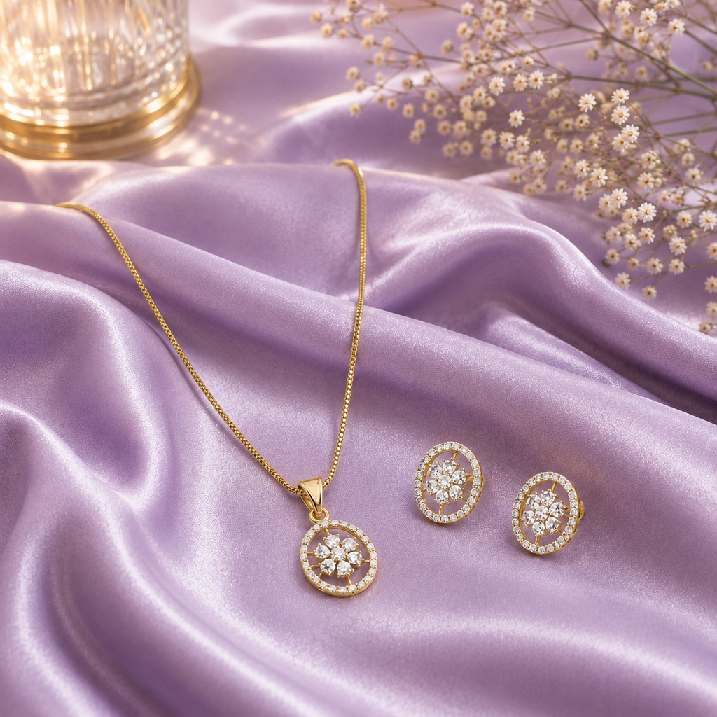 Elegant Floral CZ Pendant Necklace Set – PD0054