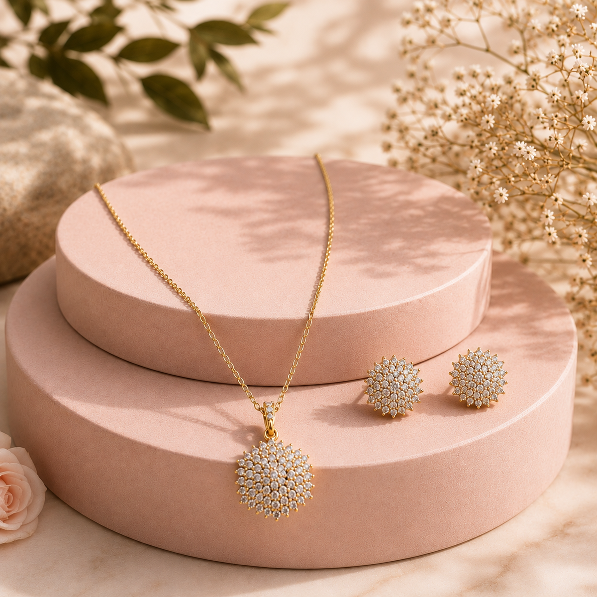 Elegant Floral CZ Pendant Necklace Set – PD0055