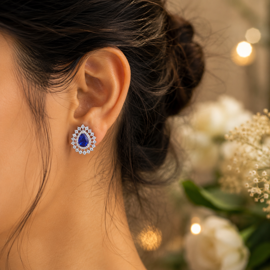 Blue Sapphire Teardrop Halo Stud Earrings – ERD0037