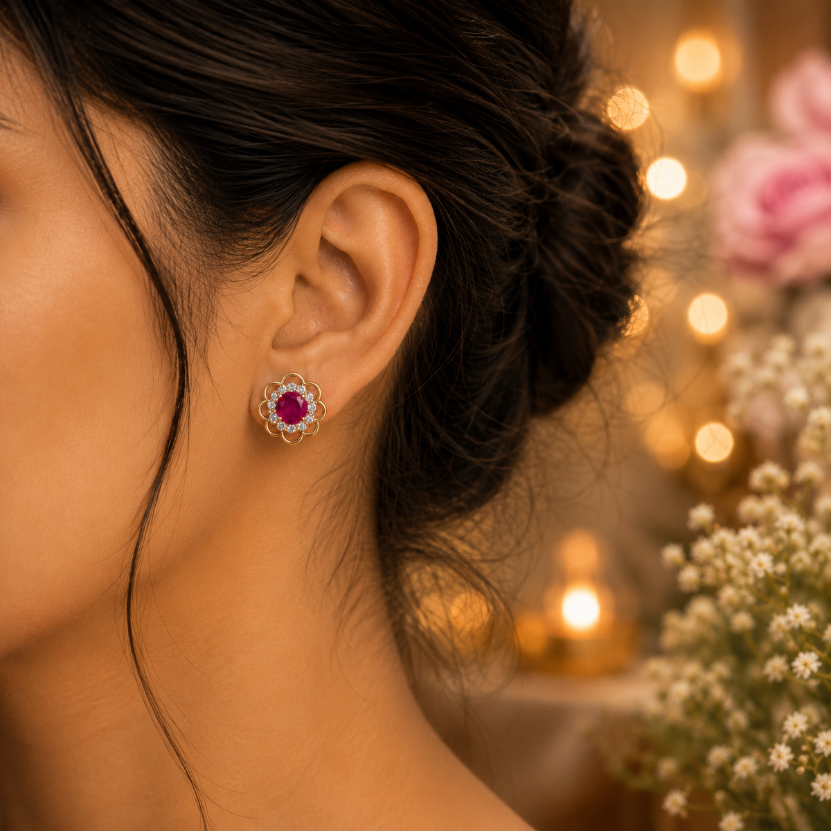 Ruby Floral Halo Stud Earrings – ERD0039