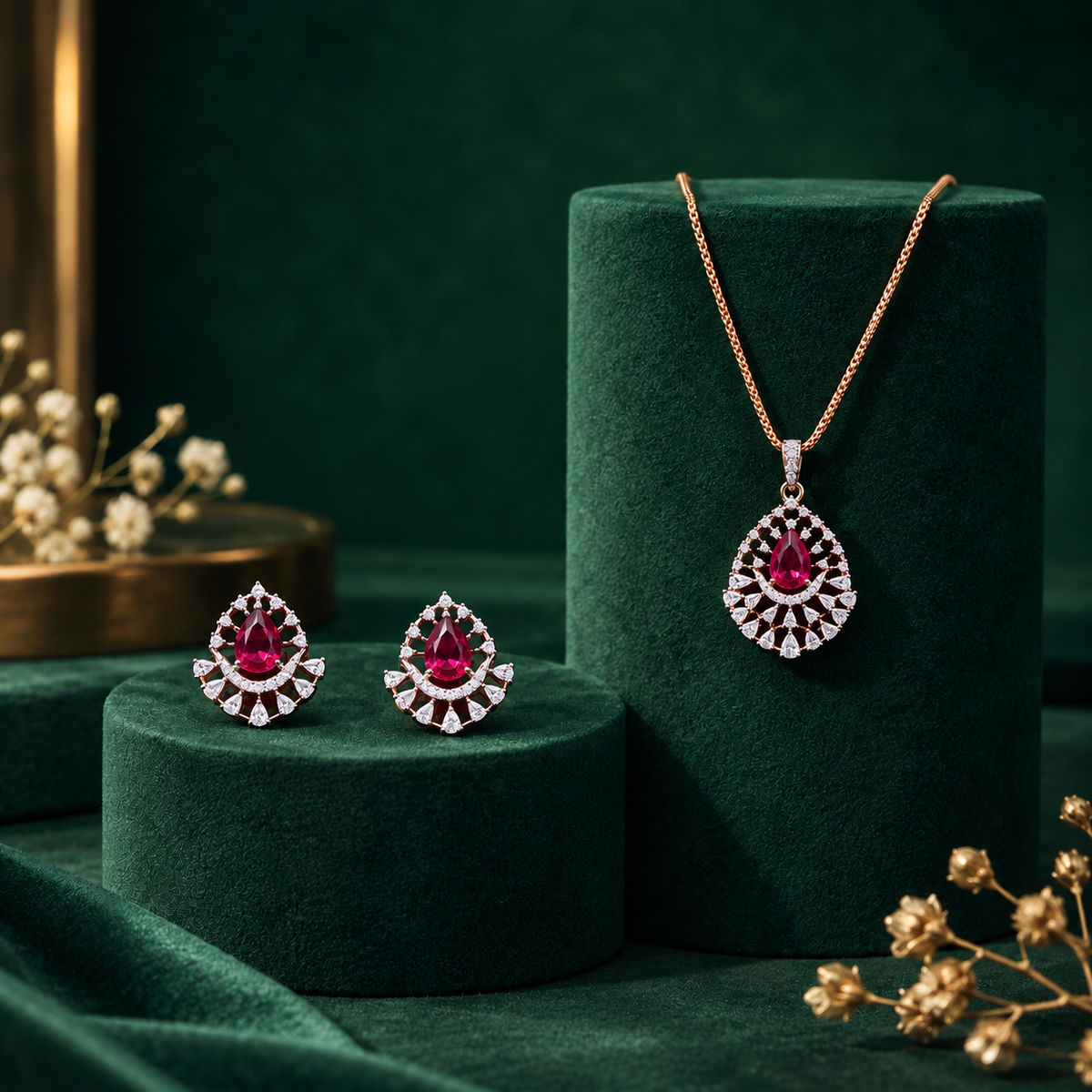Ruby Teardrop CZ Pendant &amp; Earring Set – PD0116