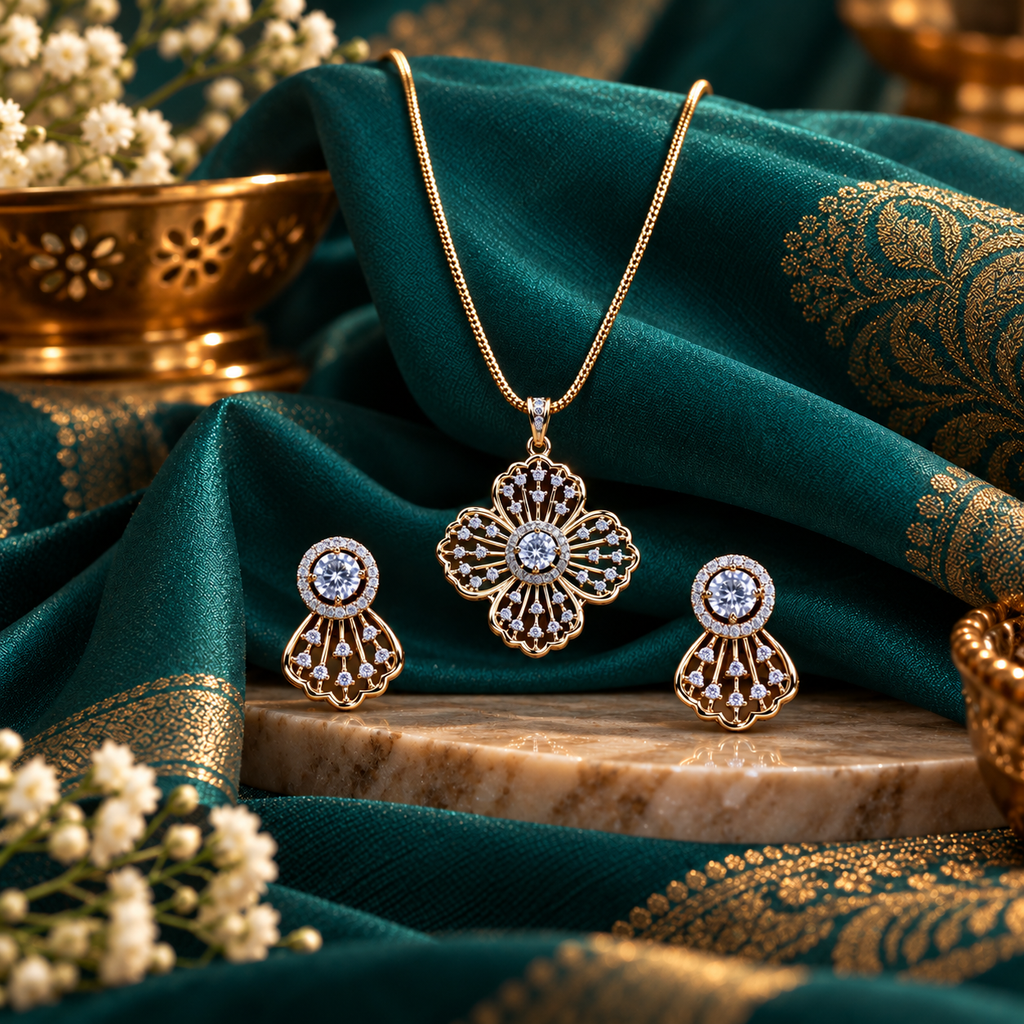 Floral CZ Pendant &amp; Earring Set – PD0132