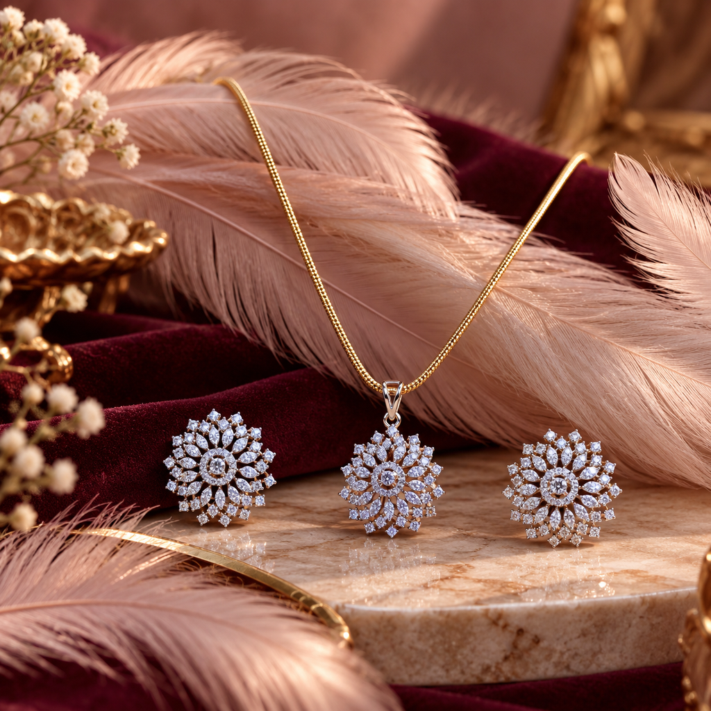 Floral CZ Pendant &amp; Earring Set – PD0136