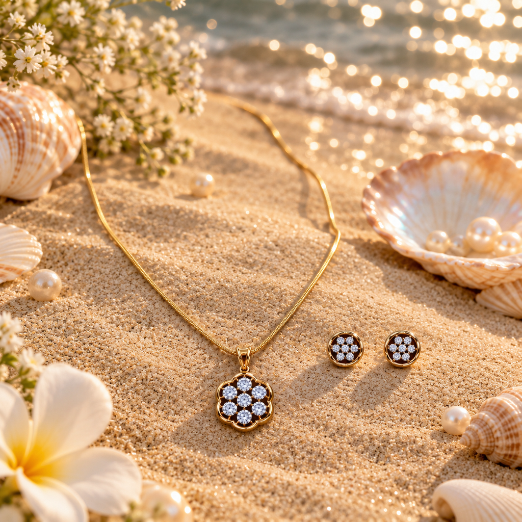 Floral CZ Pendant &amp; Stud Earring Set – PD0138