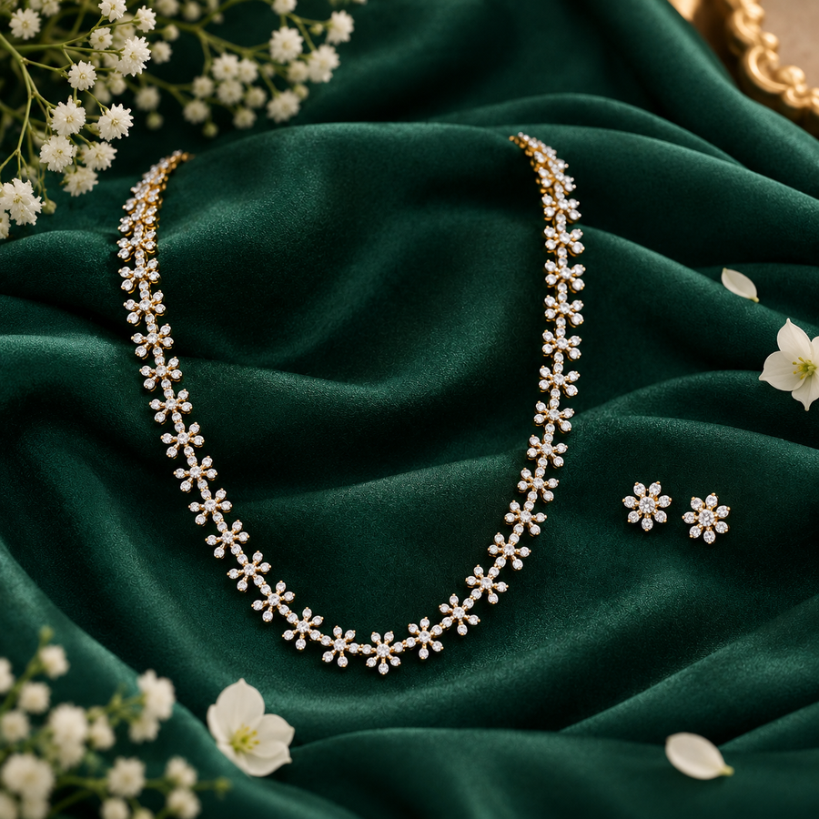 Elegant Floral Diamond Cut Necklace & Stud Earrings Set – HD0004