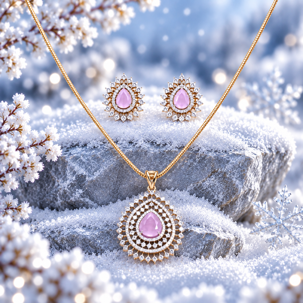 Teardrop Pink Stone CZ Pendant Necklace Set – PD0099