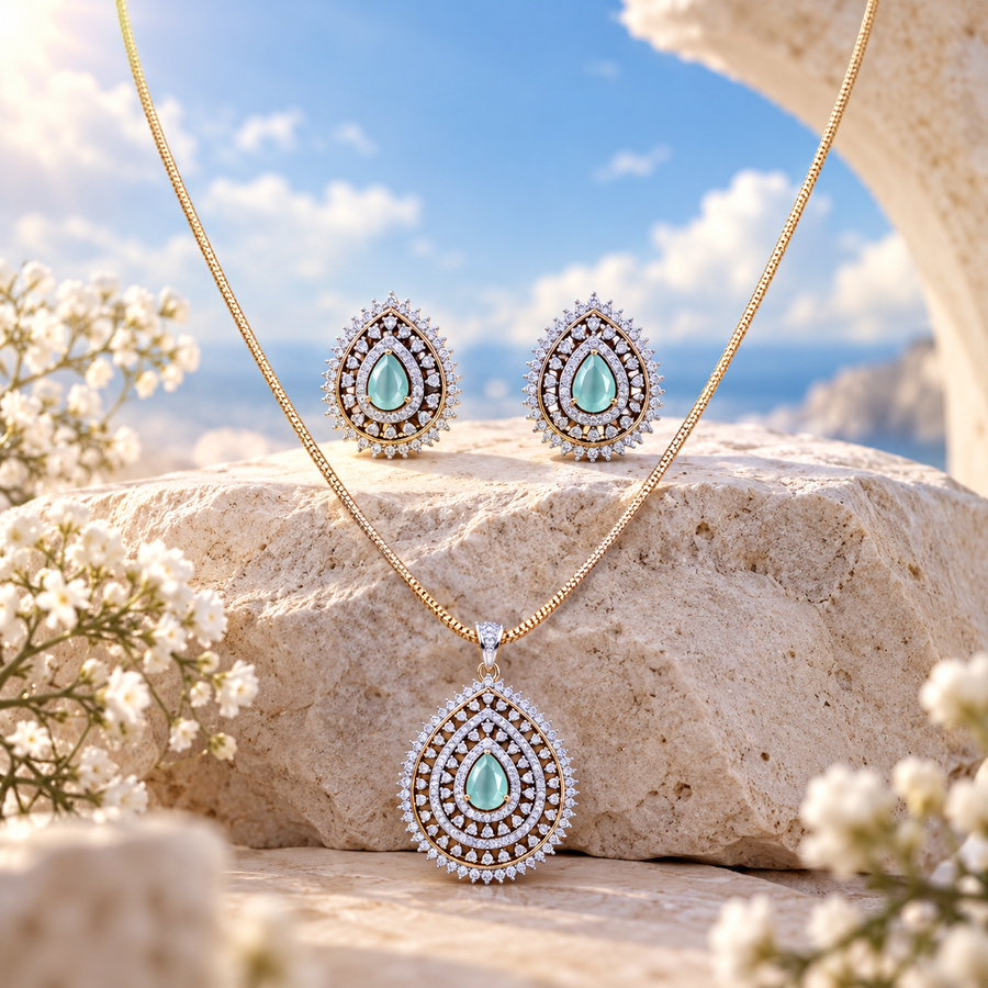 Teardrop Aquamarine CZ Pendant Necklace Set – PD0104