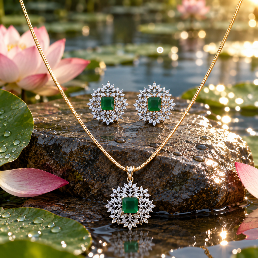 Emerald Snowflake CZ Pendant Necklace Set – PD0107