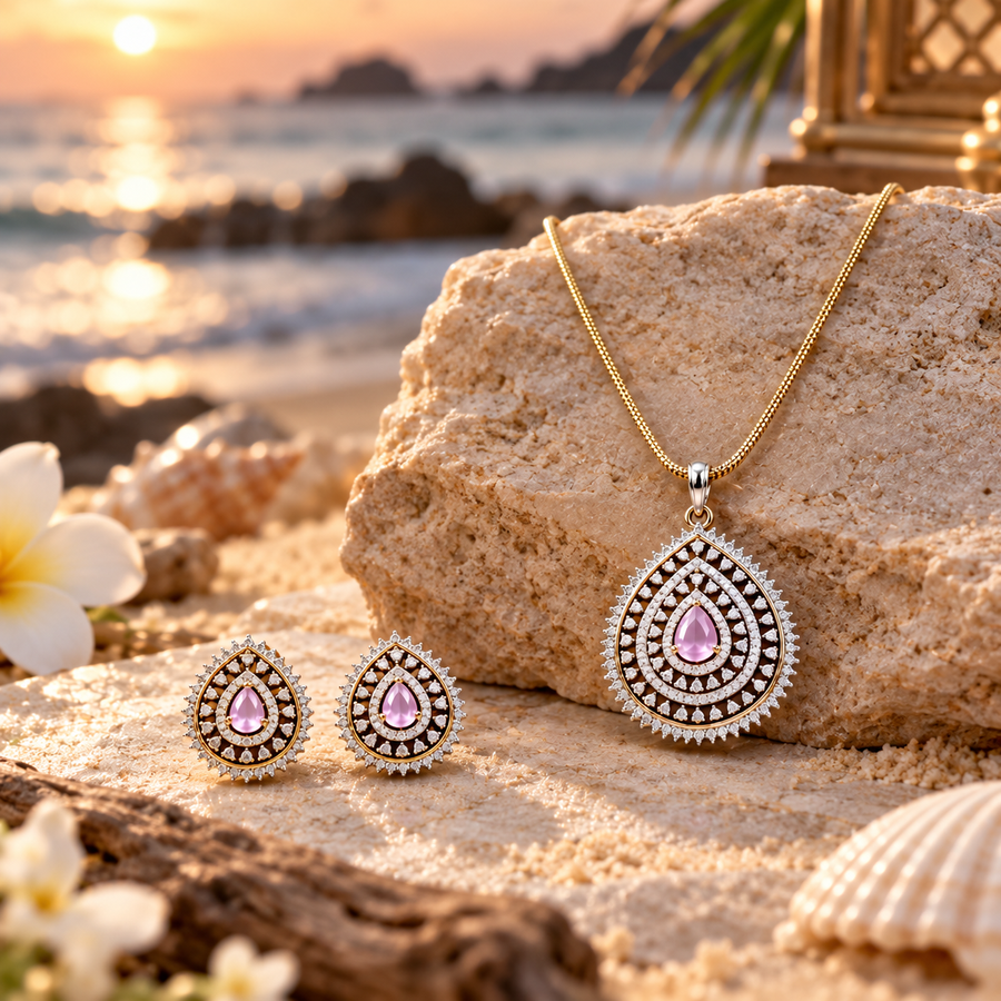 Teardrop Pink CZ Pendant Necklace Set – PD0106