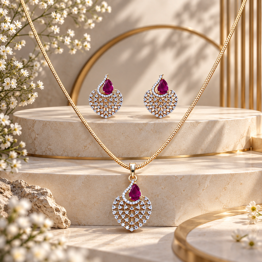 Ruby Teardrop CZ Pendant Necklace Set – PD0109