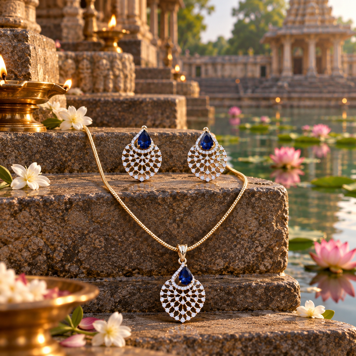 Blue Teardrop Lattice CZ Pendant Necklace Set – PD0111
