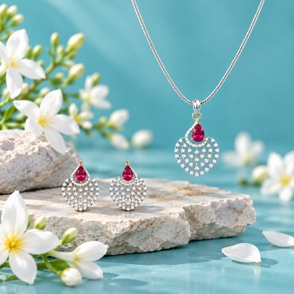 Ruby Teardrop Lattice CZ Pendant Necklace Set – PD0110