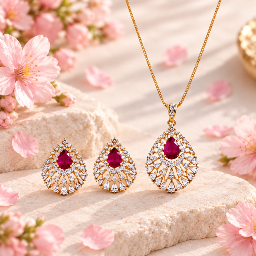 Ruby Teardrop CZ Pendant &amp; Earring Set – PD0115