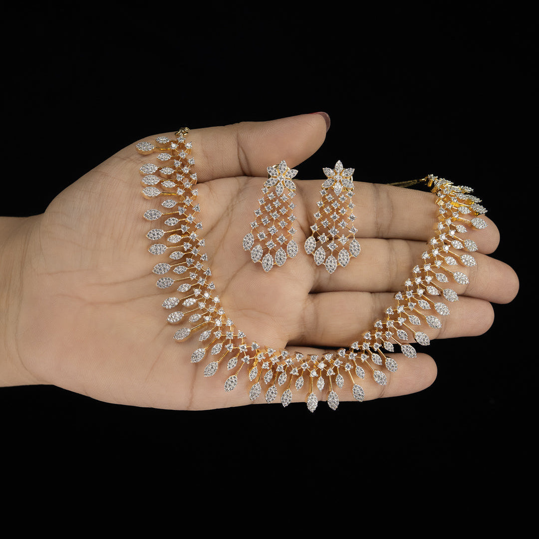 Elegant Leaf Cascade Diamond Necklace Set – ND0013