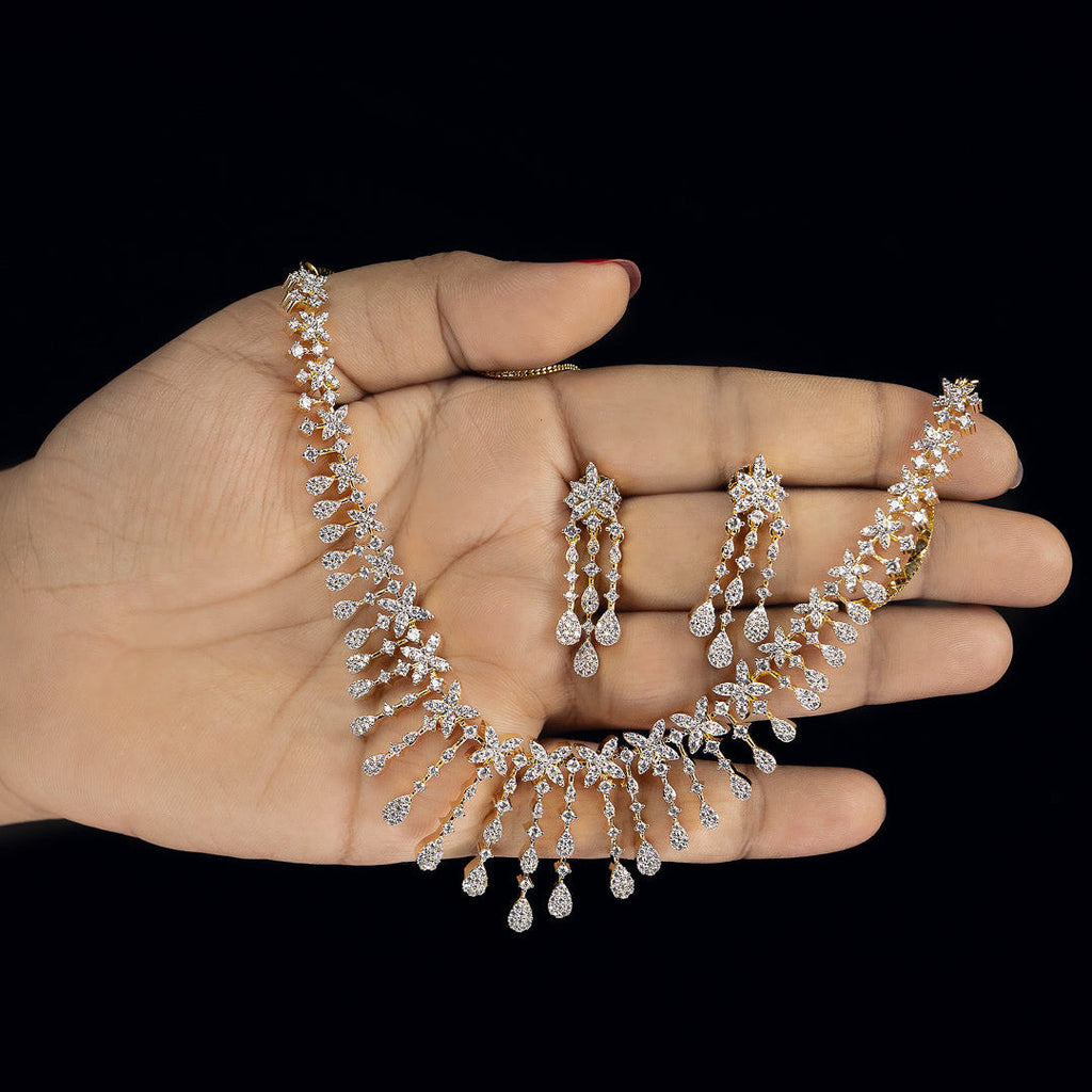 Floral Waterfall Diamond Necklace Set – ND0017