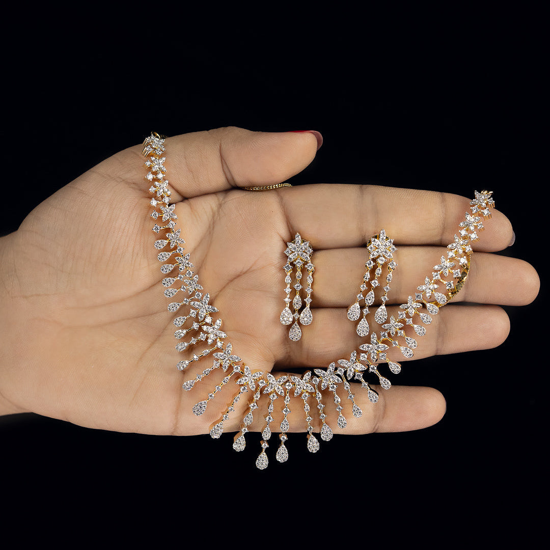 Floral Waterfall Diamond Necklace Set – ND0017