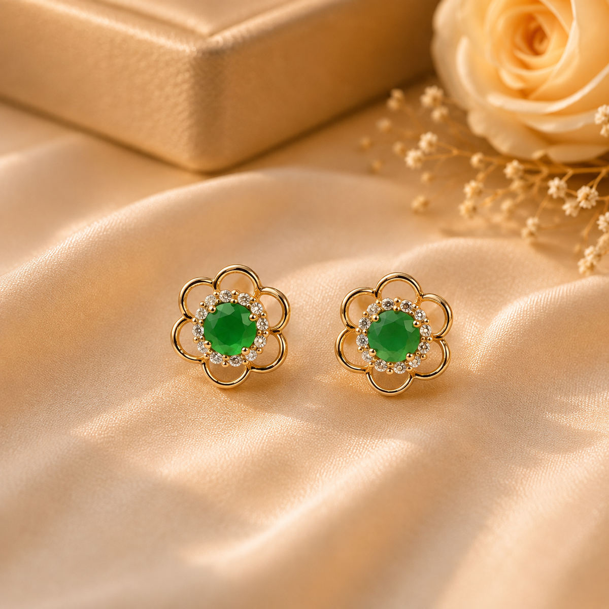 ERD0032 - Emerald Floral Halo Stud Earrings